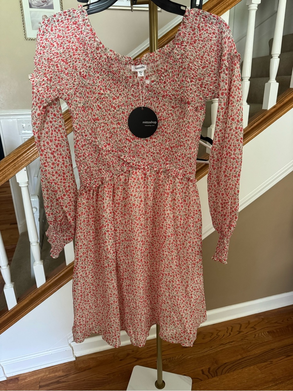 mittoshop Pink Floral Smocked Waist Long Sleeve Girls Dress
